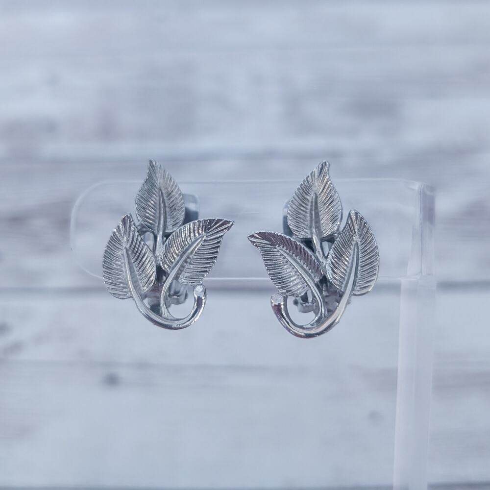 Vintage Clip On Earrings Trio of Silver Tone Leaves Statement